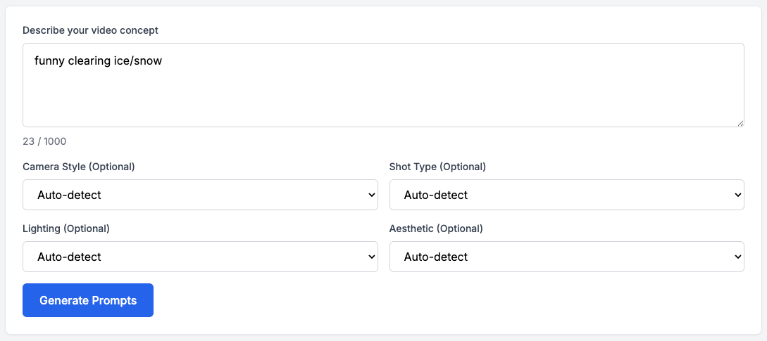 Step 1: Describe Your Video Idea - Screenshot showing type what you want in plain words. choose camera style, shot type, lighting, and aesthetic, or let ai decide for you.