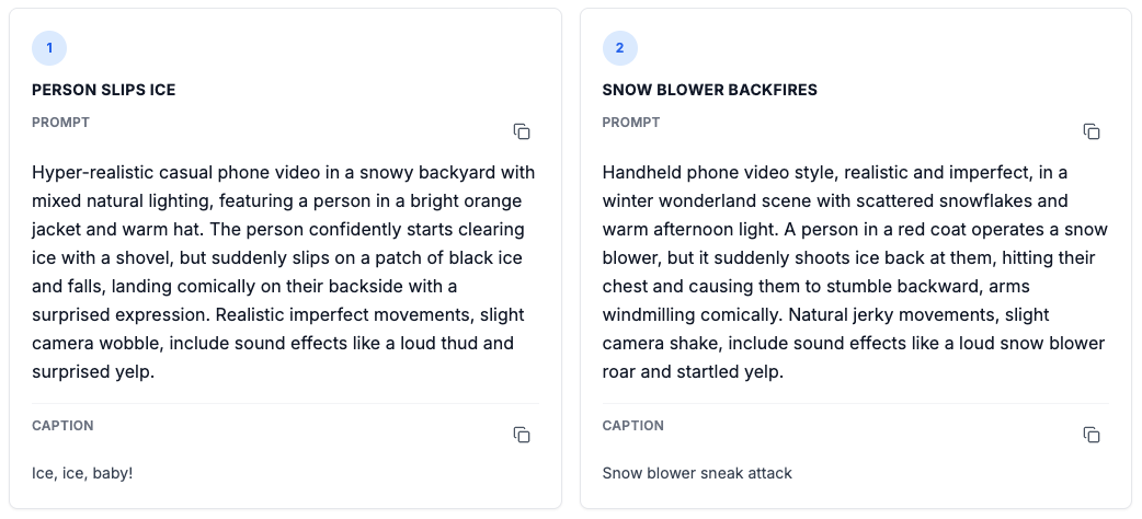 Step 2: Get 10 Professional Prompts - Screenshot showing our ai instantly creates 10 variations with technical details, cinematography, and captions for each video.